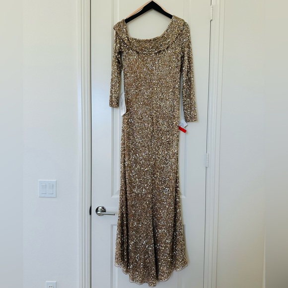 Mac Duggal | 5449 Sequined One Shoulder Evening Gown Simmering Gold Size 8 NWT - Picture 7 of 13